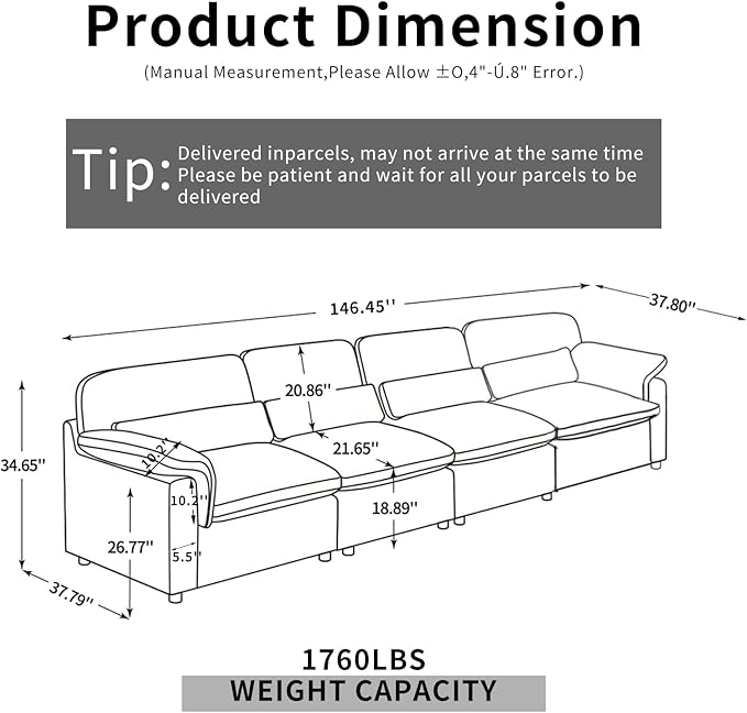Cloud Sectional Couch, Down Filled Couch, Modular Couches Sofa for Living Room, Minimalist Deep Seat Modern Couches,Sofa Cover Removable,Chenille Fabric (146" 4 Seat)