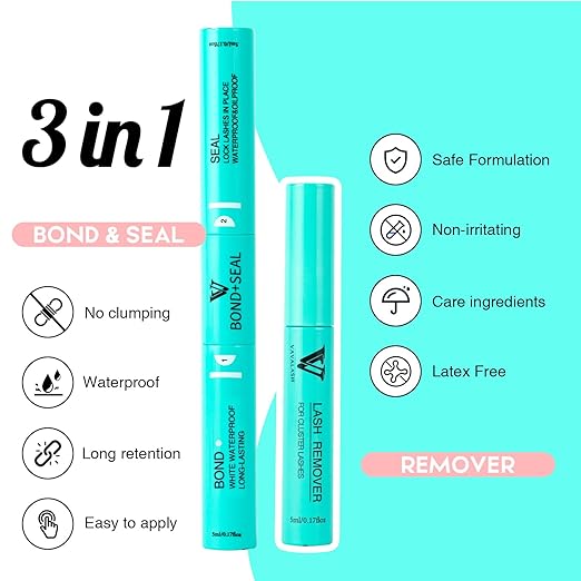 VAVALASH 3 in 1 Lash Bond and Seal Clusters Glue Lash Remover, Waterproof Cluster Lash Glue for DIY Lash Extension Strong Hold Individual Eyelash (Black)