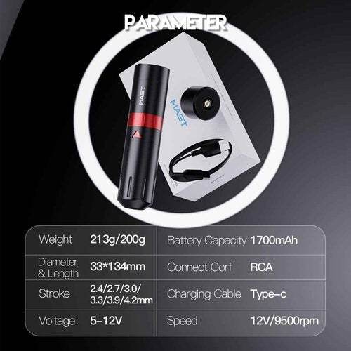 Mast Flip2 Wireless Tattoo Pen Machine Gun, Adjustable 6 Strokes 2.4-4.2mm, Rechargeable Battery Digital Display, Coreless Tattoo Motor by Mcore (1 Battery)