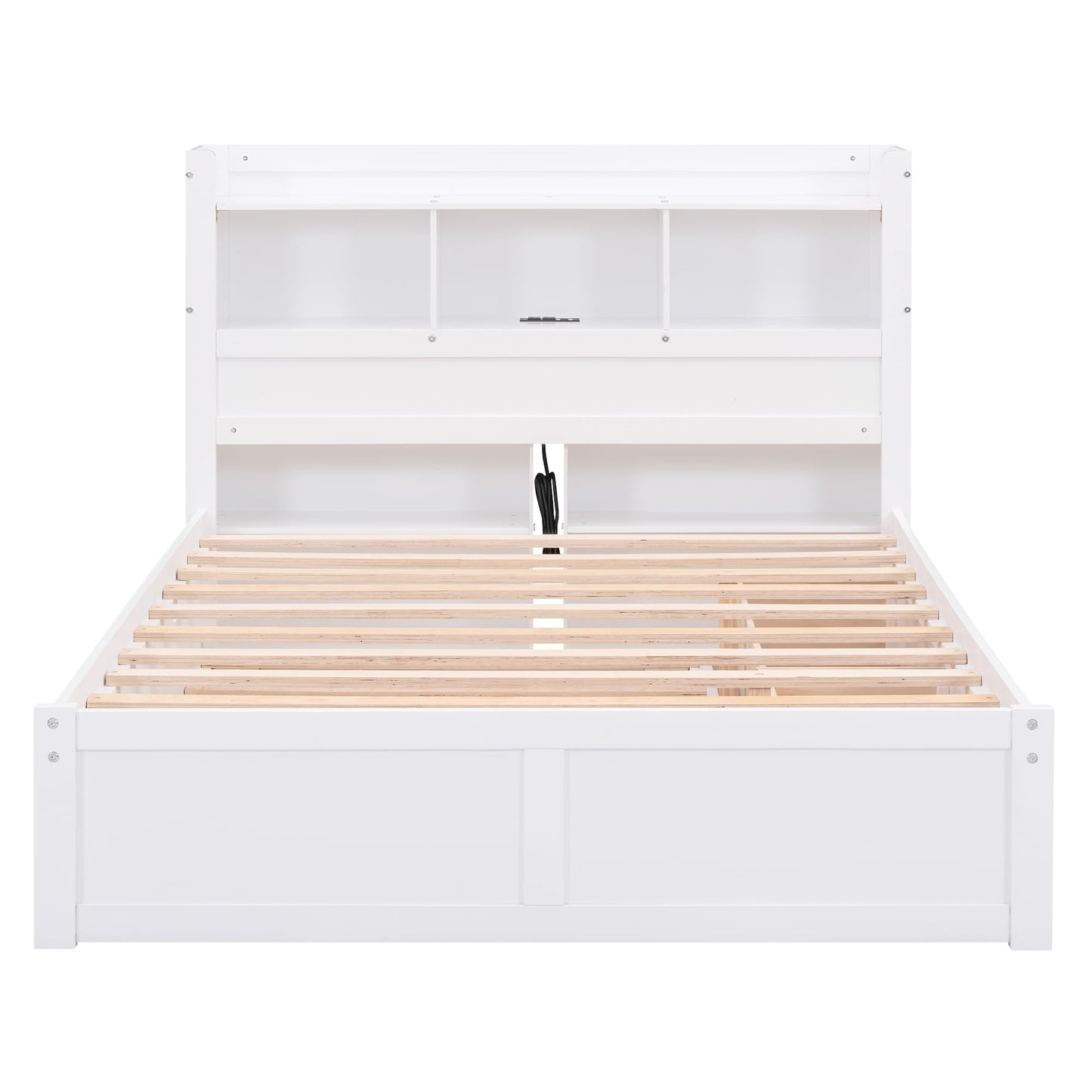 Full Size Storage Bed with Bookcase Headboard and Trundle, Wood Platform Bed Frame with Charging Station, Pull Out Shelves and Drawers for Kids Teens Adults, No Box Spring Needed,White