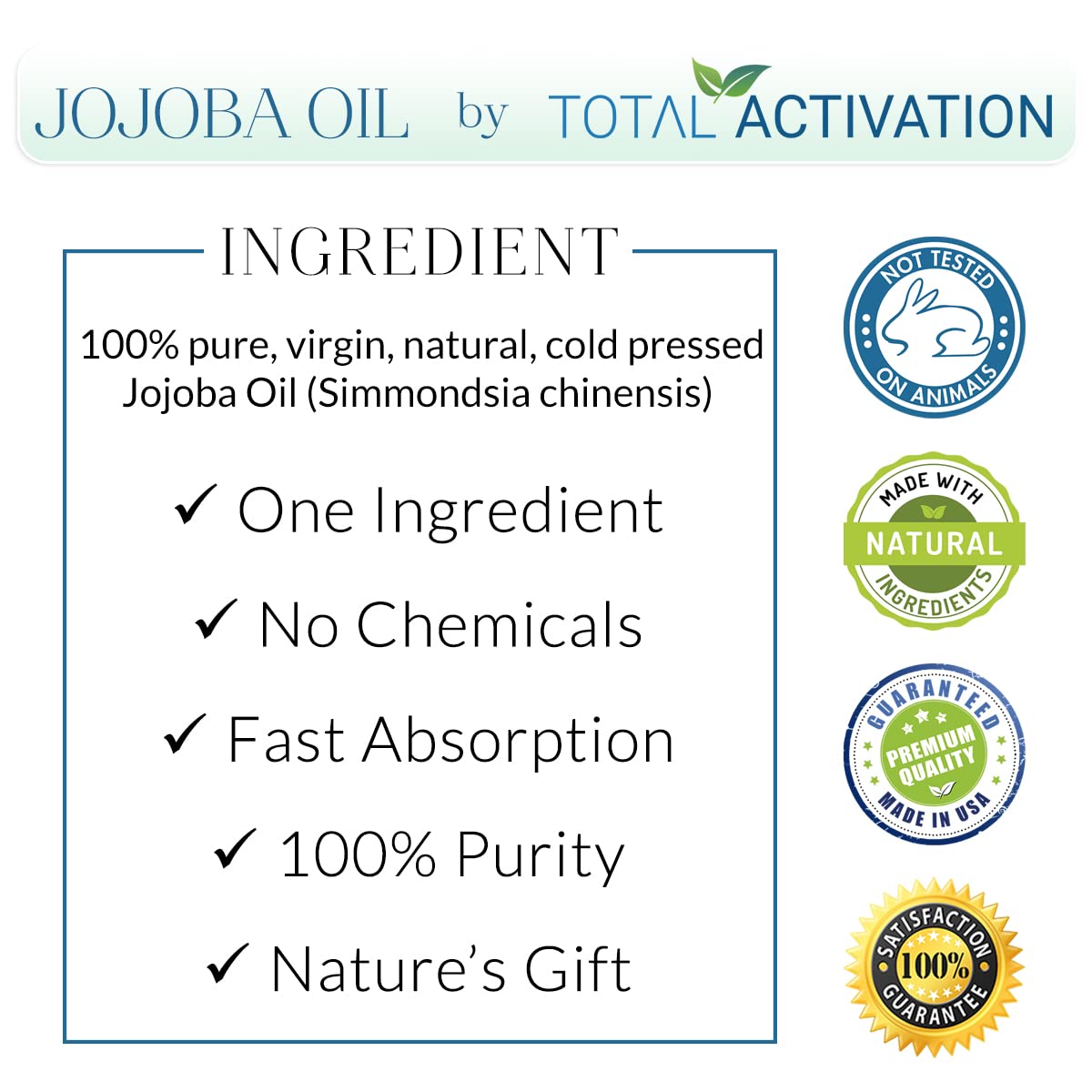 Total Activation Organic Jojoba Oil for Skin, Hair & Nails, 100% Pure Natural Unrefined Cold Pressed, Natural Face Moisturizer,
