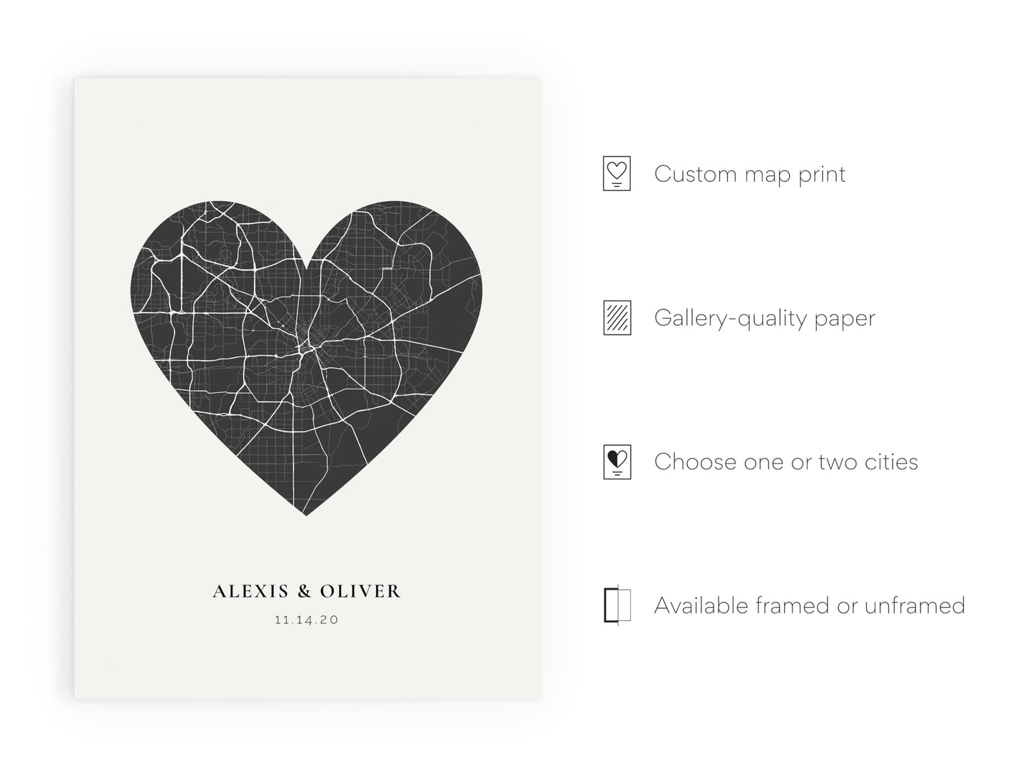 Haus and Hues Custom Heart Shaped Map Poster - Personalized Gift for Him & Her - Unique Couples Poster - Gift for Wedding, Newlyweds, Anniversary, Birthdays, Engagements Day, Wife, or Girlfriend