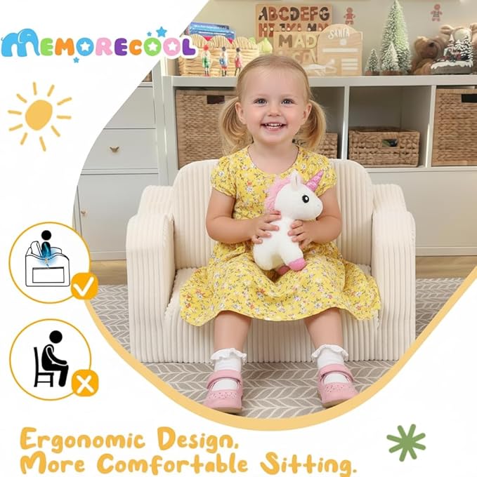 MeMoreCool Toddler Chair 2‑in‑1 Foldable Kids Couch Bed, Beige (Ages 1‑3) – Corduroy Lounge Chair That Pulls Out into Sofa‑Bed | High‑Density Foam, Machine‑Washable Cover for Little Ones