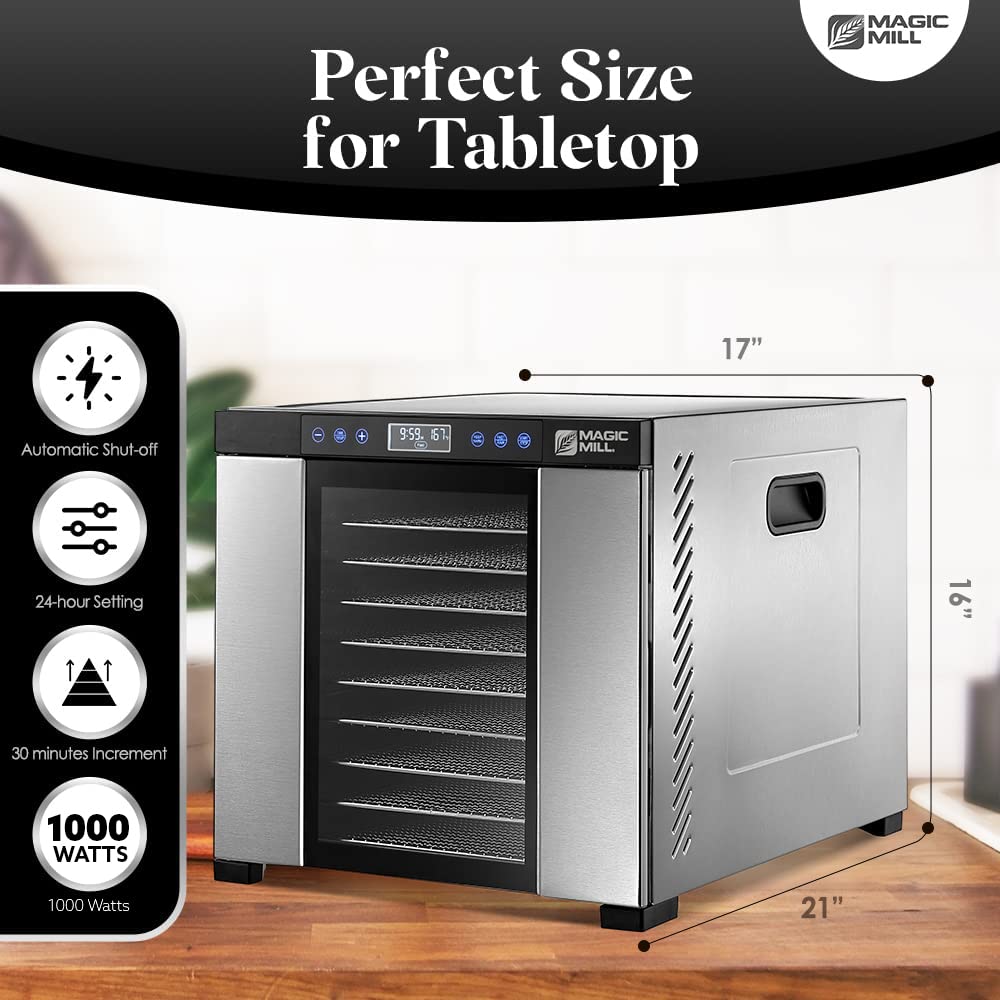 Magic Mill Food Dehydrator Machine | 11 Stainless Steel Trays | Adjustable Timer And Temperature Control | Jerky, Herb, Meat, Be