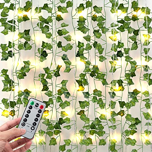 JACKYLED 84Ft 12 Pack Artificial Ivy Garland Fake Plants, Ivy Vines Leaves with CE Certified 80 LED String Lights, Hanging...