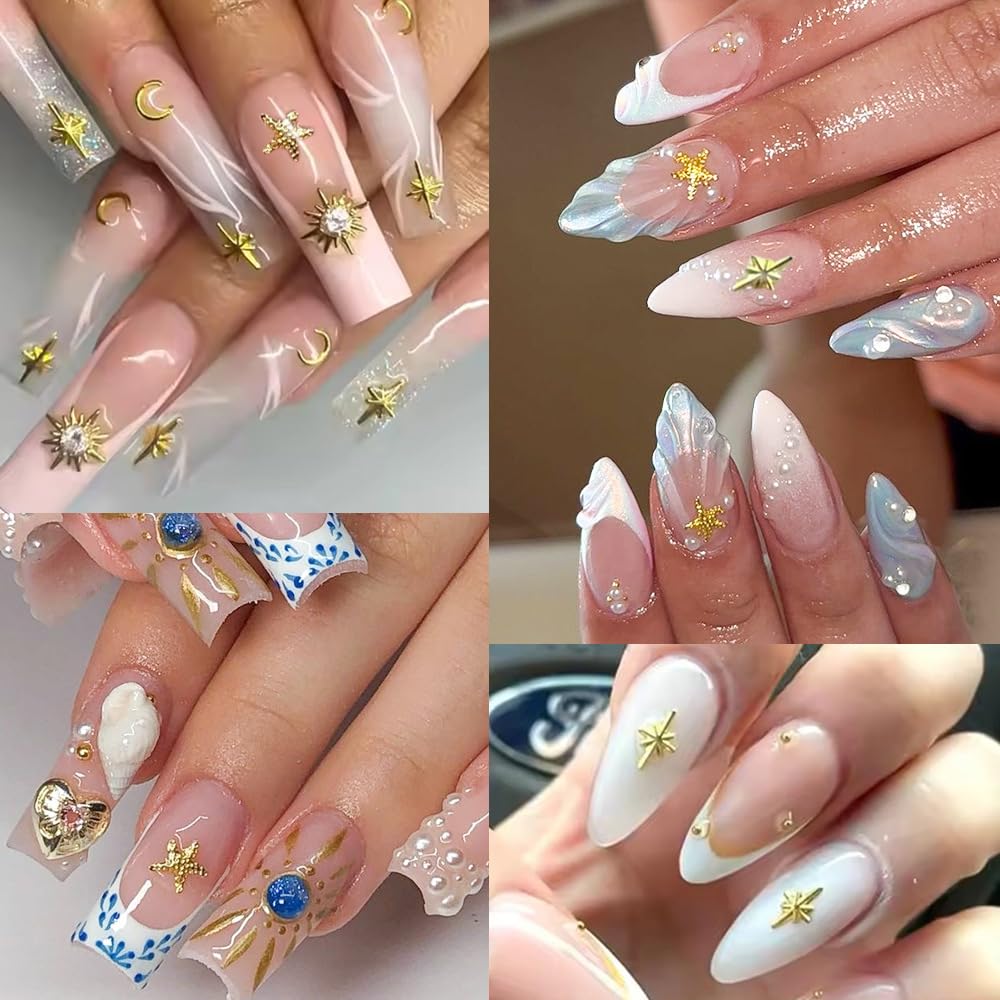 Gold Nail Charms, 2Boxes Gold Star Ocean Nail Gems Charms, Metal Small Star Moon Seashell Starfish Summer Charms for Acrylic Nai