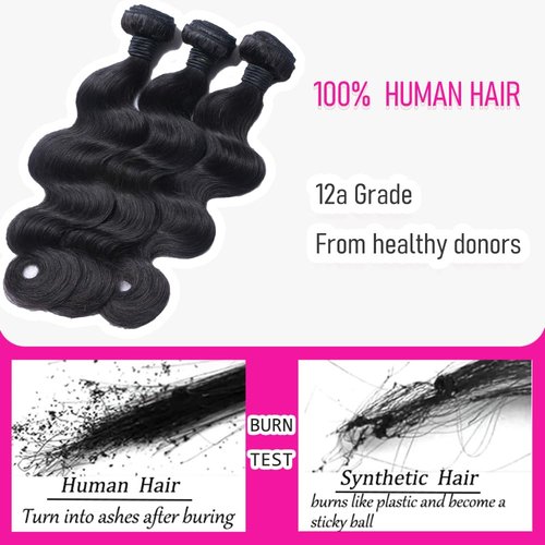 CHEEON Body Wave Bundles Human Hair 18 20 22 Inch Human Hair Bundles 12A Grade Unprocessed Brazilian Virgin Hair Extensions 3 Bundles Deal Natural Black