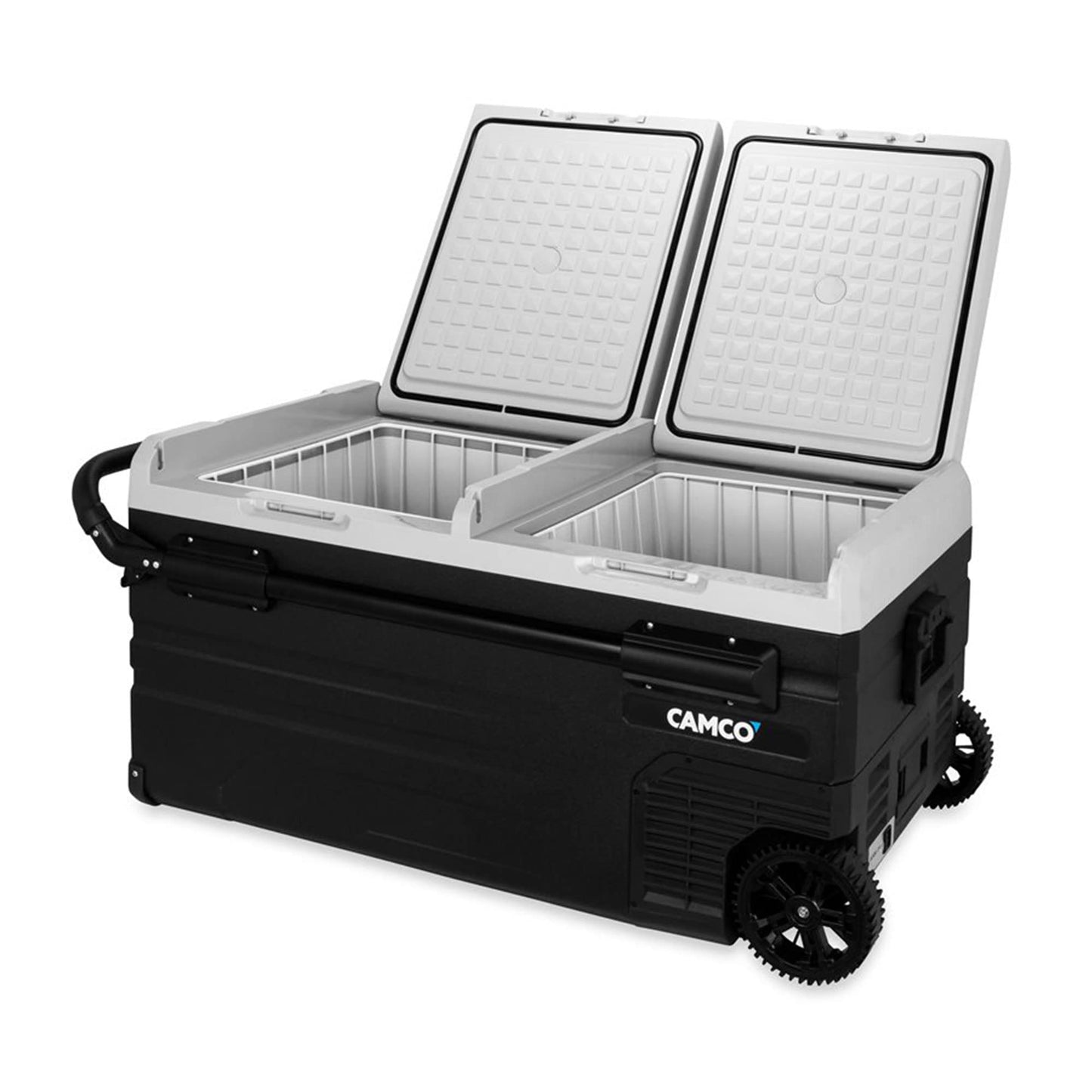 Camco CAM-950 AC 110 V DC 12 V 95 Liter Portable Compact Refrigerator w/Dual Zone Cooling/Freezing and Vehicle Outlet Cables for Camping & Road Trips