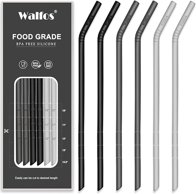 Walfos Reusable Silicone Straws -10.5 Inch Flexible Drinking Bendy straws for Smoothies/20 & 30 oz Tumblers, BPA Free (6 pcs Wide + 1 Cleaning Brushes ）