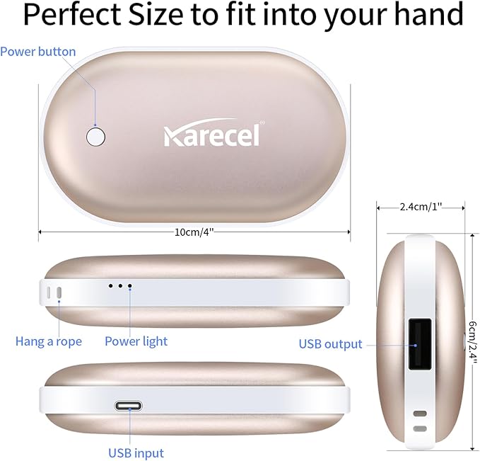 Karecel Hand Warmers Rechargeable 2 Pack, 10400mAh Double-Sided Heat Electric Handwarmers Powerbank, 4-inch Full-Surface Heat, Portable Camping Hand Warmers, Men Gifts for Christmas, Winter Essentials