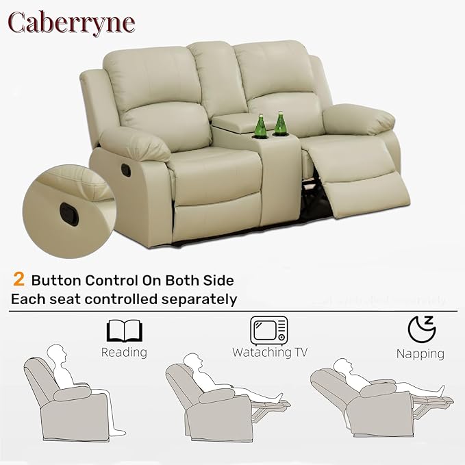 Caberryne Leather Recliner Sofa，Reclining Loveseat for Living Room Furniture Sets, Beige Double Recliner Loveseat for Living Room/Office/Theater Seating/Rv(2 Seater Couch)