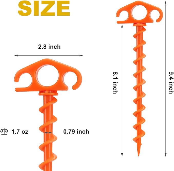 COBARYEN Tent Stakes Ground Anchors Screw in, 10 Pack Sand Stakes for Beach 9.4 Inch Heavy Duty Spiral Tent Pegs for Camping, Party, Hiking, Outdoor Decoration (10, Orange)