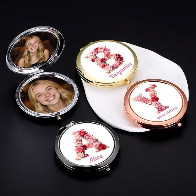 Eunigem Personalized Compact Flower Mirror for Women-Makeup Small Purse Mirror Custom Gift for Girls Women Christians (Pink Rose Color)
