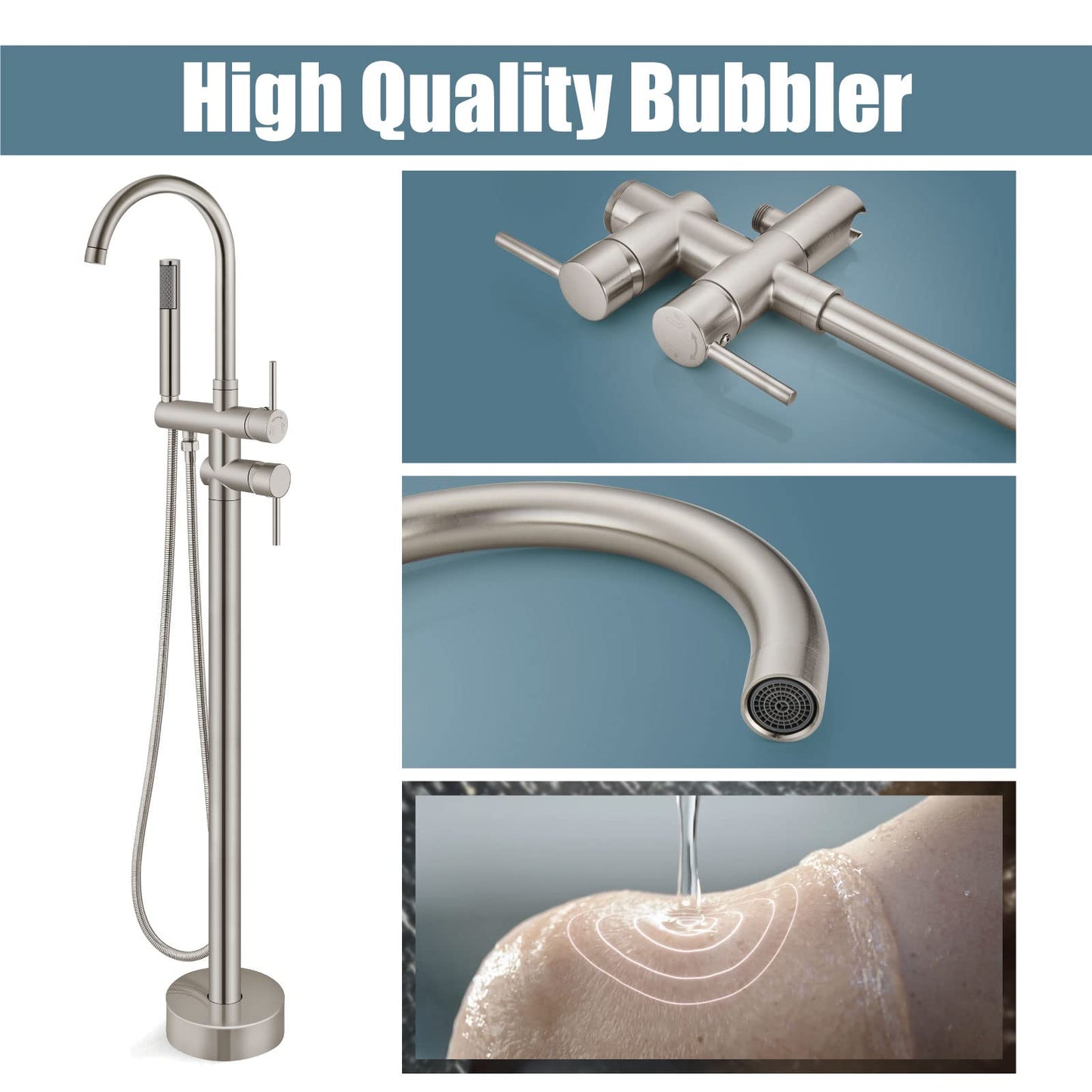 Aolemi Floor Mount Bathtub Faucet Freestanding Tub Filler Standing High Flow Shower Faucets Shower Mixer Taps, Swivel Gooseneck Spout with Cylinder Handheld Brushed Nickel
