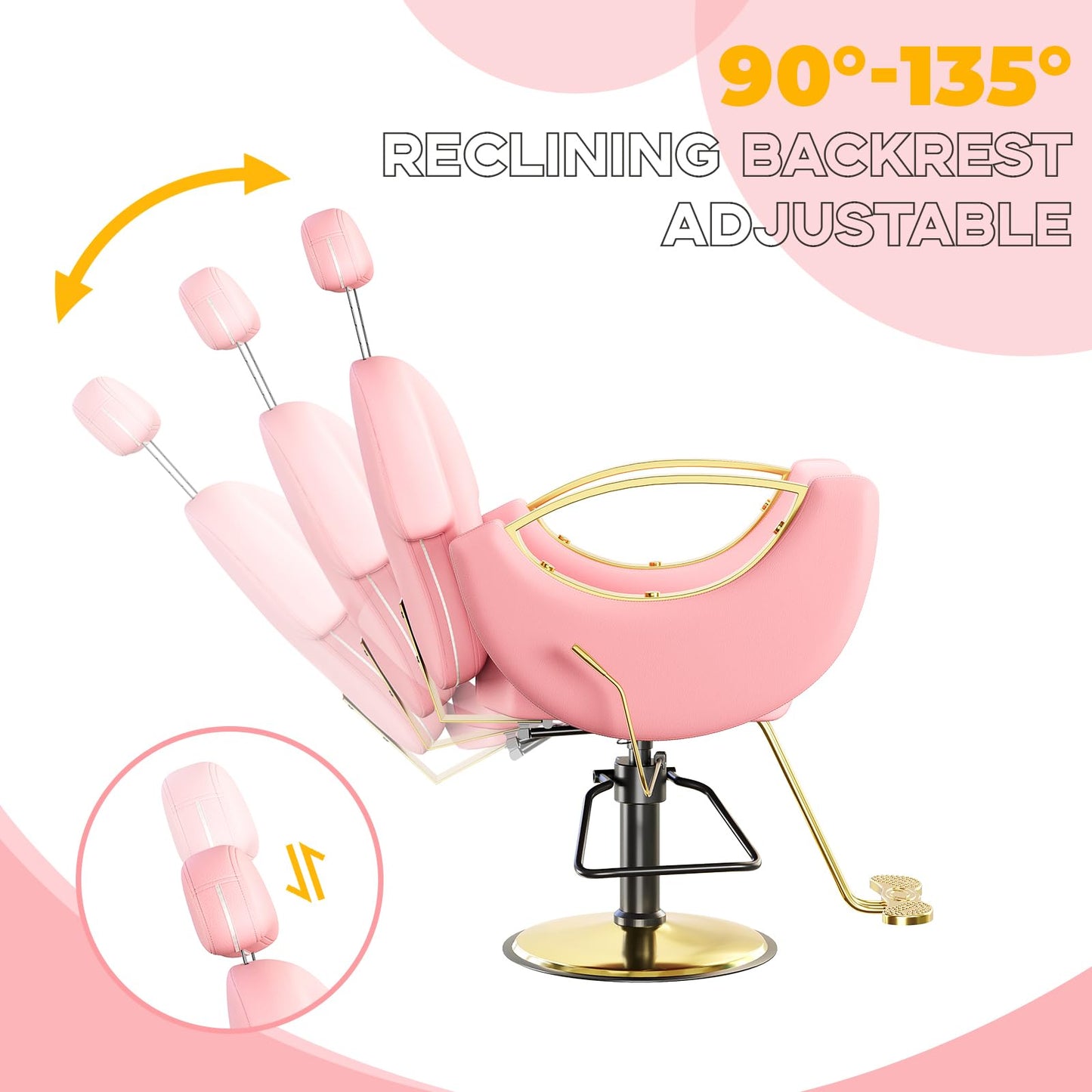 IDEALHOUSE Reclining Hair Salon Chair, 360°Swivel Barber Chair with Heavy Duty Hydraulic Pump Height Adjustable for Hair Stylist Barbershop Home Spa Shampoo, Pink