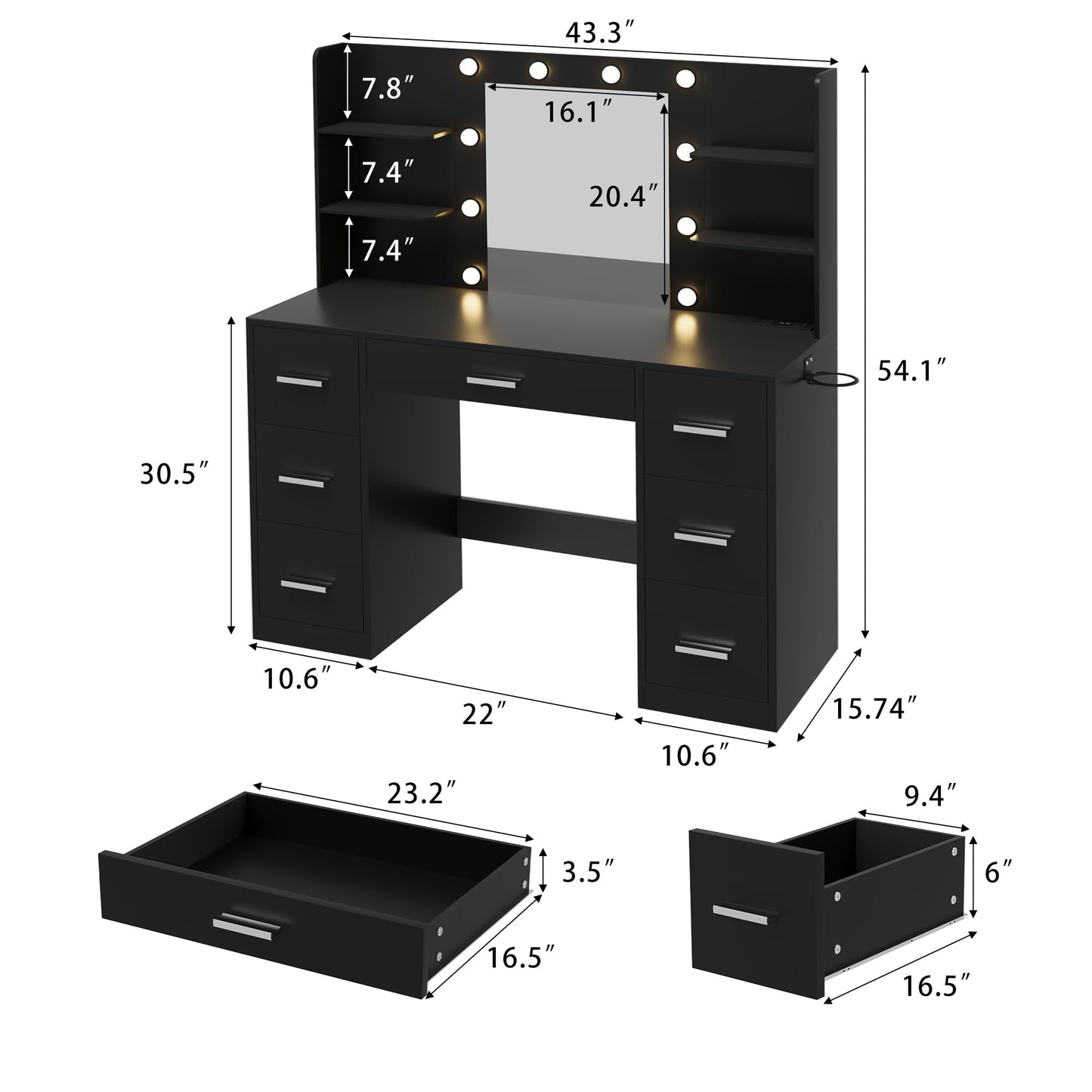 Furmax Vanity Desk with Mirror, LED Lights and Power Outlet Makeup Vanity Table with 7 Drawers and 6 Storage Shelves Dressing Table for Bedroom Dressing Room (Black)
