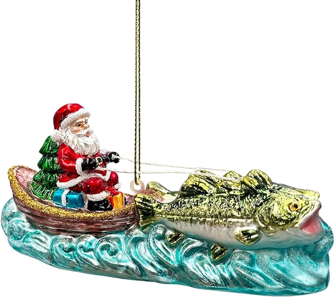 Santa's Fishing Adventure Glass Christmas Ornament, Holiday Angler Fish in Sleigh