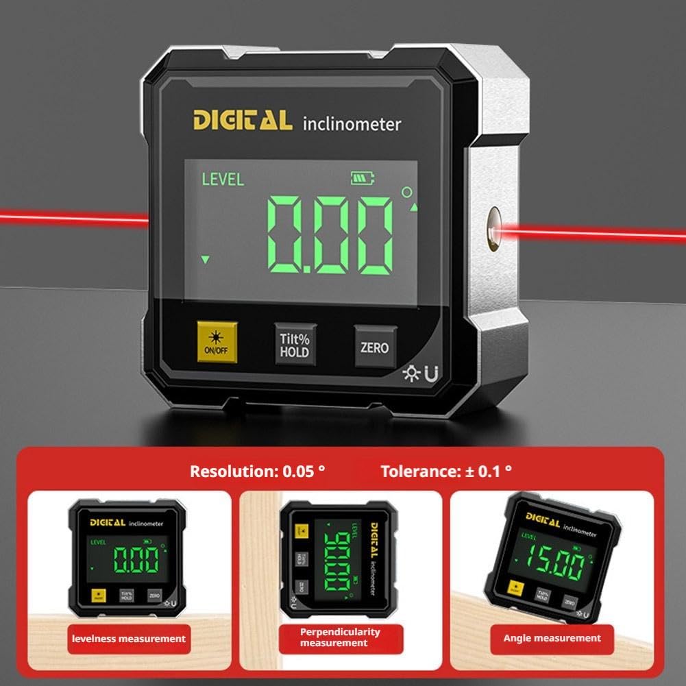SSKFHGI Digital Angle Finder with Electronic Laser, 4-Side Magnetic Angle Gauge, Cube Inclinometer, Table Saw Miter Protractor, Woodworking Measuring Tool, Level Box for Hanging