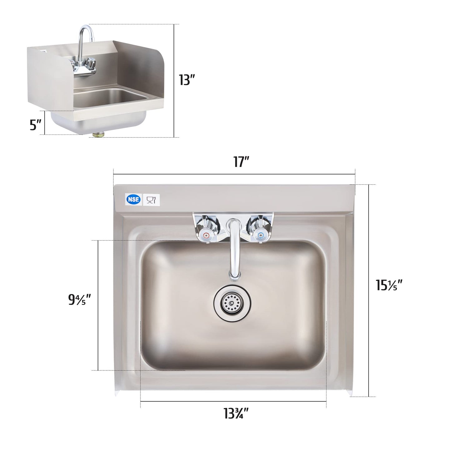 WILPREP Commercial Hand Sink, NSF Stainless Steel Sink Commercial Utility Sink with Gooseneck Faucet and Strainer, 17x15 Inch Wall Mount Kitchen Sink for Restaurant Bar RV Bathroom Laundry Room
