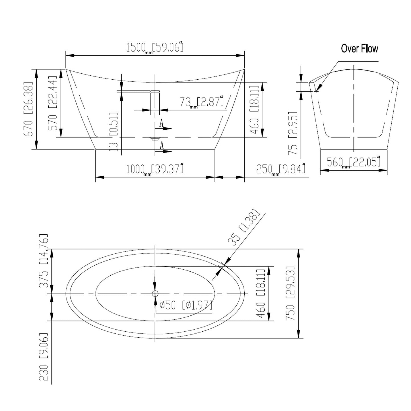 Empava 59" Freestanding Bathtub, Luxury Acrylic Soaking Tub with Custom Contemporary Design, Includes Brushed Nickel Drain and Overflow, Easy Installation, cUPC Certified, White