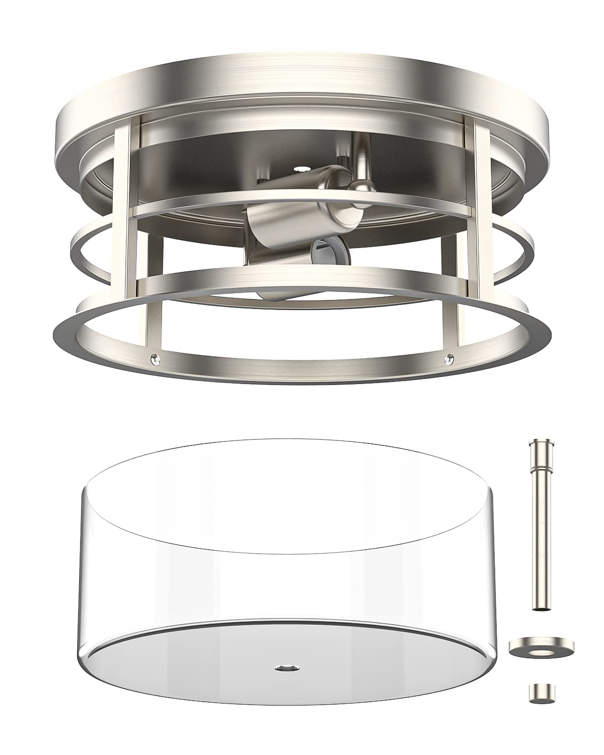 EAPUDUN Flush Mount Ceiling Light, 12inch 2-Light Modern Close to Ceiling Light Fixture, Brushed Nickel Finish with Clear Glass Shade for Hallway Entryway Bedroom Porch FMA1412-BNK