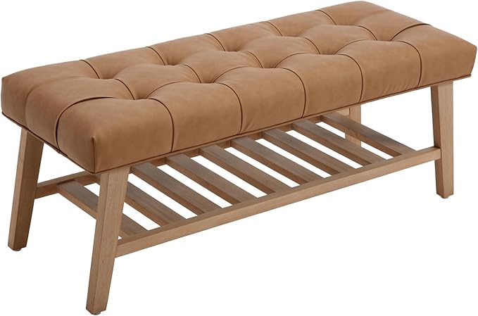 Janoray Entryway Shoe Bench Storage Benches with Upholstered Button Tufted Seat and Open Slatted Shelf PU Leather Ottoman Bench for Hallway Living Room Bedroom End of Bed, Brown