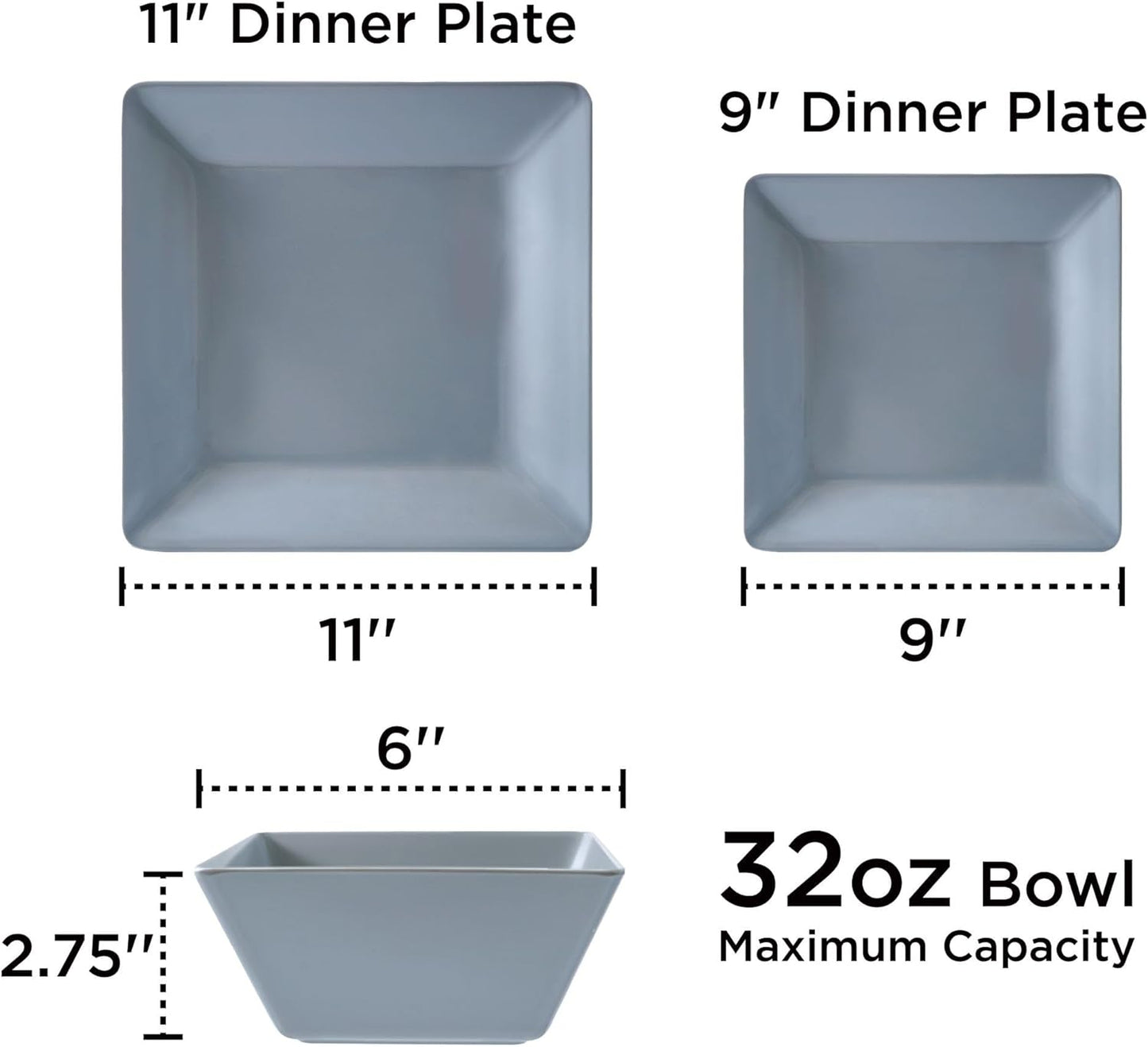 TP 12-Piece Dinnerware Set, Melamine Dishes Set with Bowls and Plates, Non-breakable and Lightweight Square Dinner Set for 4, Grey