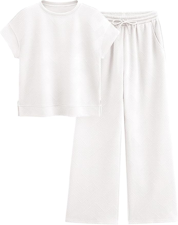 PRETTYGARDEN 2 Piece Outfits For Women Casual Tracksuit Short Sleeve Tops And Wide Leg Long Pants Matching Lounge Sets