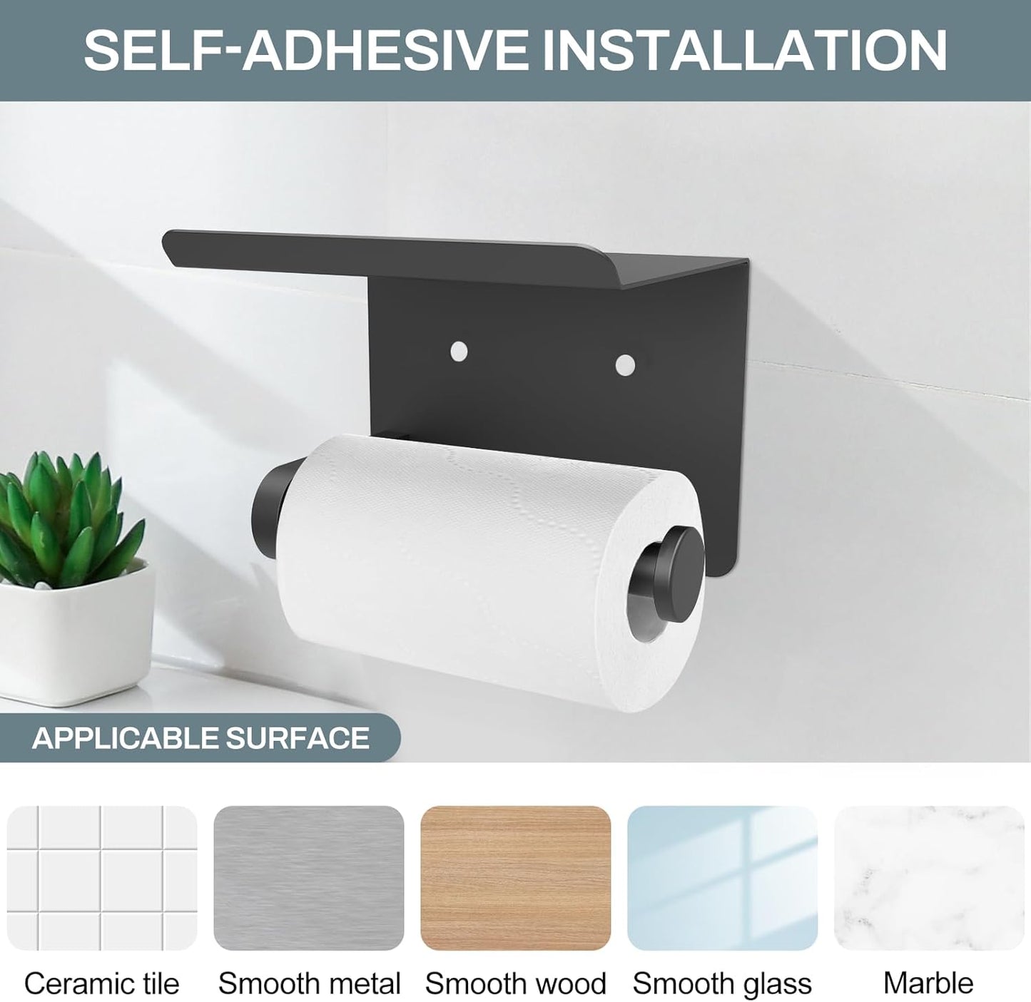 SetSail Toilet Paper Holder with Shelf Adhesive or Screw Bathroom Toilet Paper Roll Holders Wall Mount Matte Black Tissue Holder for Bathroom Hardware Accessories