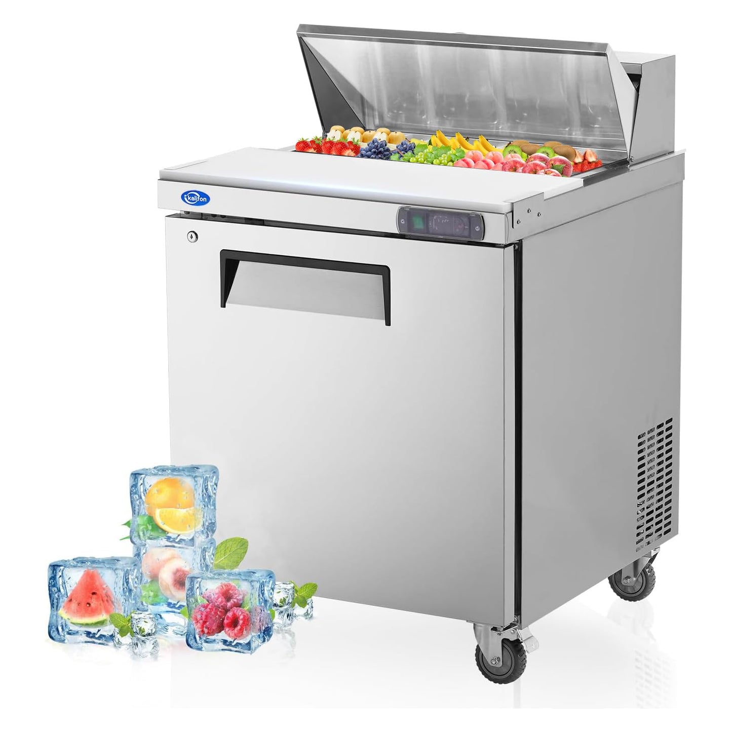 kalifon 27" W 1 Door Refrigerator Sandwich Salad Prep Table Commercial Stainless Steel Fan Cooling Refrigerator with Cutting Board, 1 Shelves & 12 Pans for Restaurant, Bar, Shop-7.4 Cu.ft