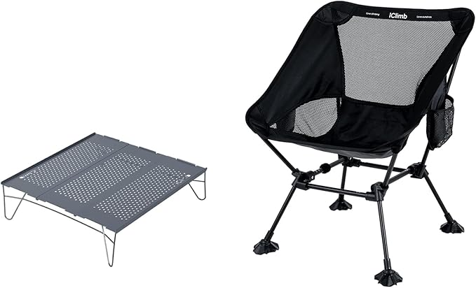 iClimb 1 Solo Mini Folding Table and 1 Anti-Sinking Large Feet Chair Bundle, Ultralight Compact for Adults Outdoor Picnic ...