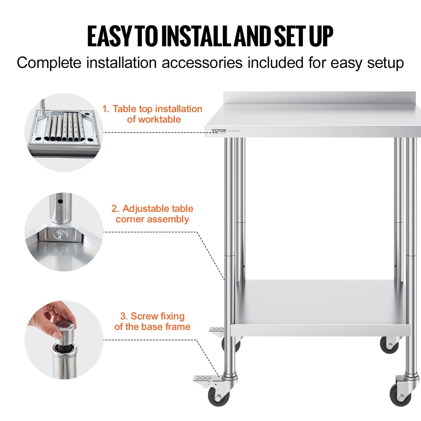 VEVOR Stainless Steel Prep Table, 30 x 24 x 35 Inch, 440lbs Load Capacity Heavy Duty Metal Worktable with Backsplash Adjustable Undershelf & 4 Casters, Commercial Workstation for Kitchen Restaurant