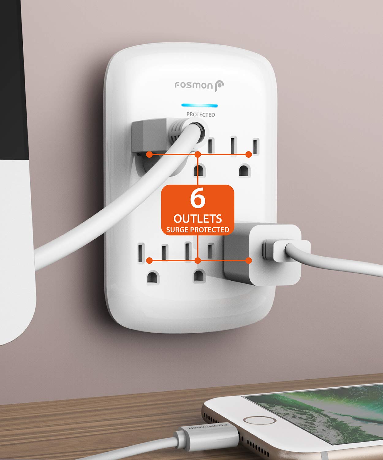Fosmon 6 Outlet Wall Mount Surge Protector, 3-Prong Surge Suppression 1200 Joules, 15A 125Vac 60Hz 1875Watts Wall Outlet Adapter