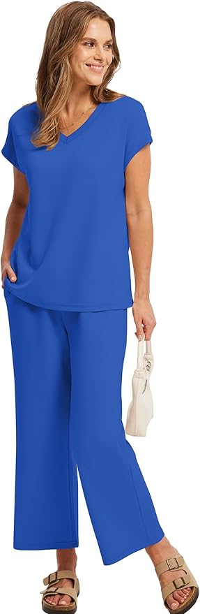 Saloogoe Two Piece Sets for Women Summer Outfits Lounge Sets V Neck Tops Wide Leg Pants Woman Vacation Travel Outfits