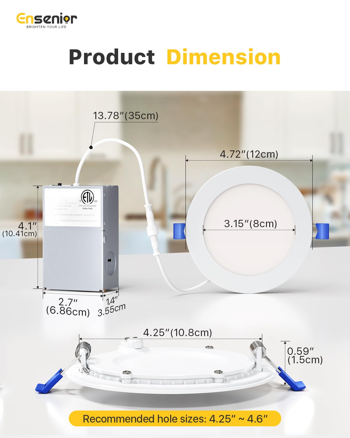 Ensenior 24 Pack 4 Inch LED Recessed Ceiling Light, Dimmable, 5000K Daylight, 750LM 9W 120V, High Brightness Canless Wafer Downlight - ETL&FCC&IC