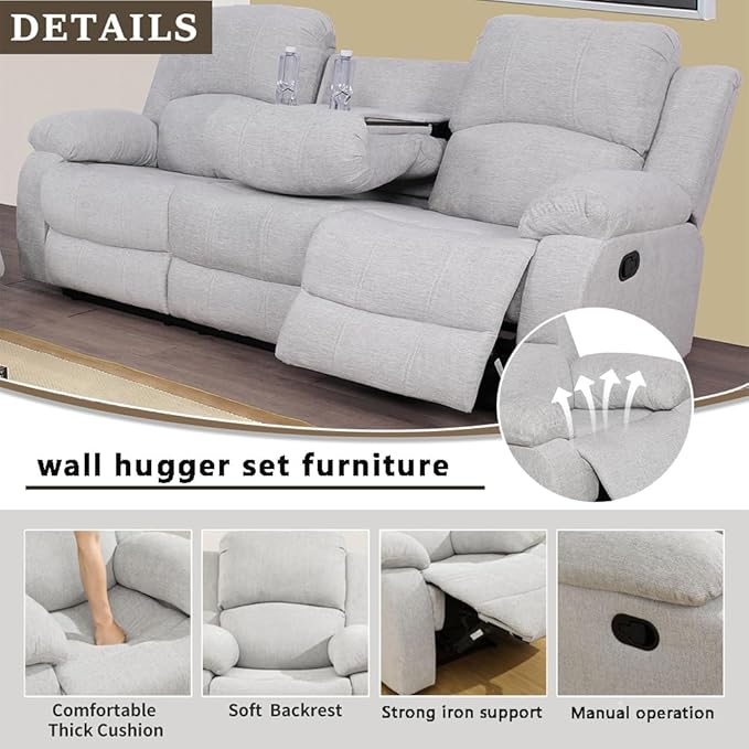 A Ainehome Living Room Furniture Set Leather Recliner Sofa Set Loveseat Chair Furniture Sofa Set for Living Room/Small Space/Rv/House/Office/Theater Seating (B-Grey White Microfiber, Sofa(3seater))