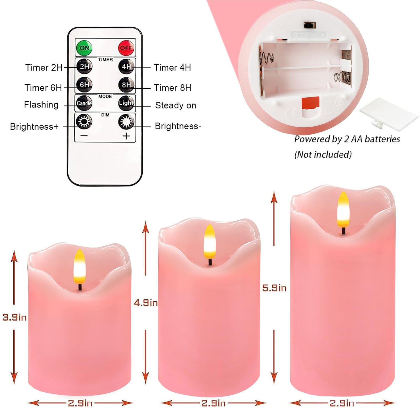VEEKI Flameless Candles Light, Set of 3 Flickering LED Candle with Remote & Timer, Dimmable Electric Pillar Candles Battery Operated, Pink Candles for Valentine's Day Xmas Home Decor (3PC)