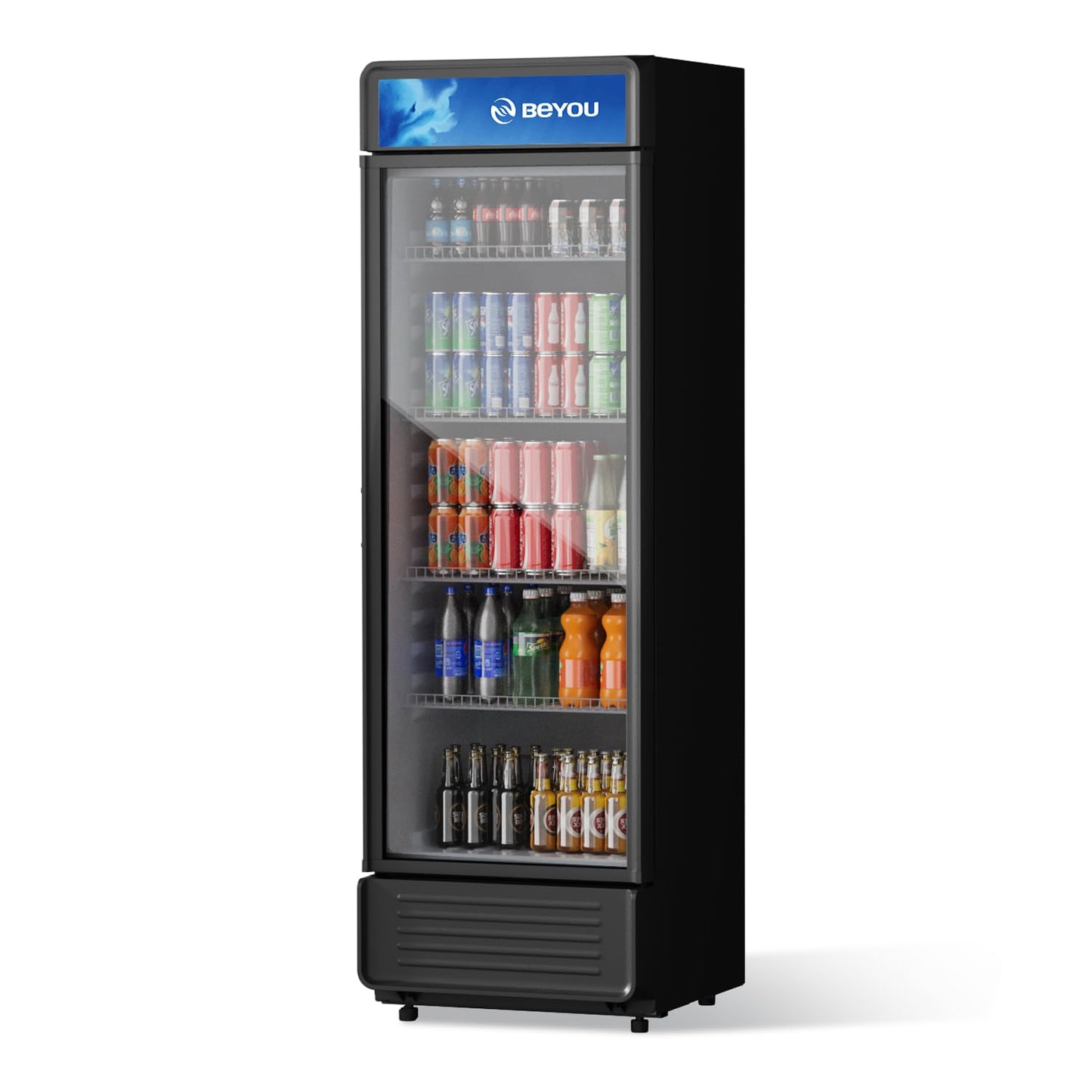 BEYOU Display Merchandiser Refrigerator, 13.3 cu. Ft Commercial Upright Beverage Fridge with single Glass Door, Drink Cooler for Living Room,Bar,Garage（Black）