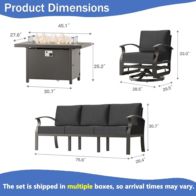 RTDTD Aluminum Outdoor Patio Furniture Set,4 Pieces 5 Seats Patio Conversation Sets with 45" Propane Fire Pit Table,Metal Patio Sectional Furniture Set with 2 Swivel Rocking Chairs,Black