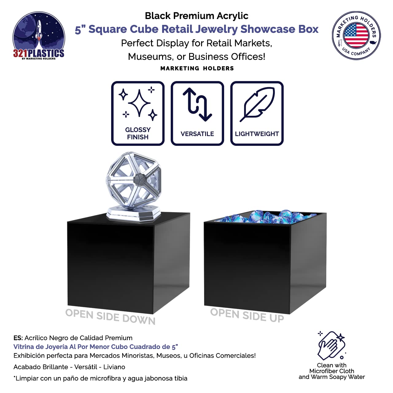 Marketing Holders 5 Acrylic Display Riser Box with One Open Side No Lid Versatile Preassembled Glossy Black Square Lucite Retail