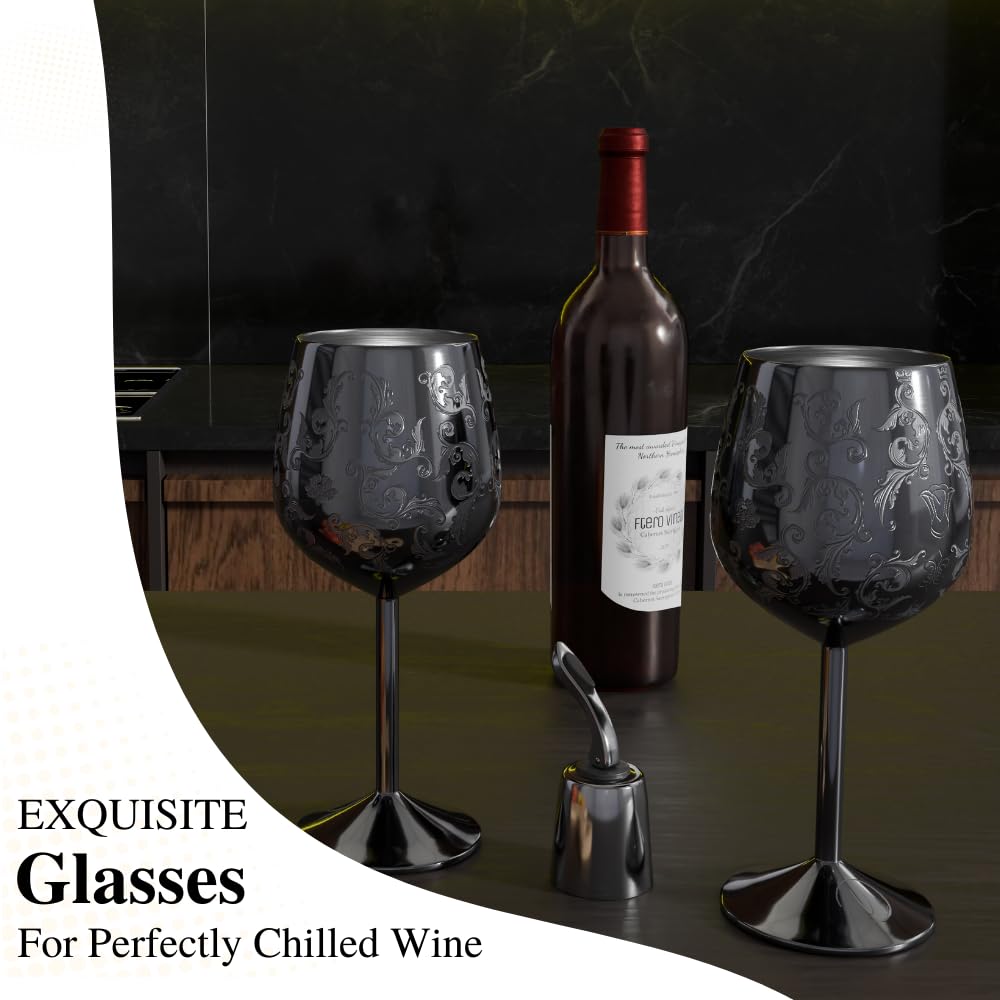 vaanshie 17oz Stainless Steel Wine Glasses [Set of 2] – Black Royal Goblets with Intricate Baroque Engravings, Unbreakable and Shatterproof Wine Cups with Bottle Stopper Ideal for Mother's Day Gift