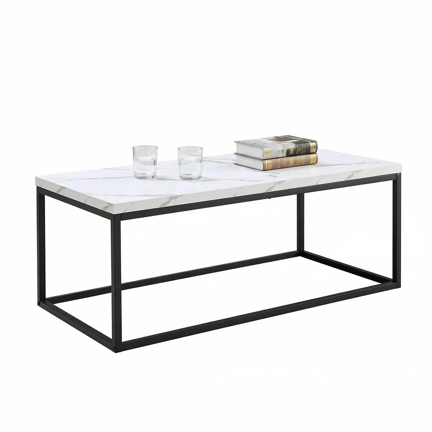 CENSI 40" White Marble Coffee Table for Living Room, Modern Rectangle Cocktail Table with Black Metal Legs, Industrial Faux Stone Center Table, Extra Thick Top, Sturdy & Easy Assembly