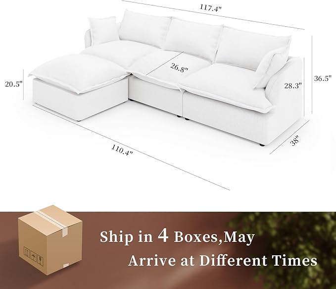Intuition Decor Modular Convertible Cloud Sectional Sofa,110.4" Large Sofa Set for Living Room,4 Seat L-Shaped Modern Down Fill Sectional Sofa Fabric Modular Couch with Chaise,Cream White