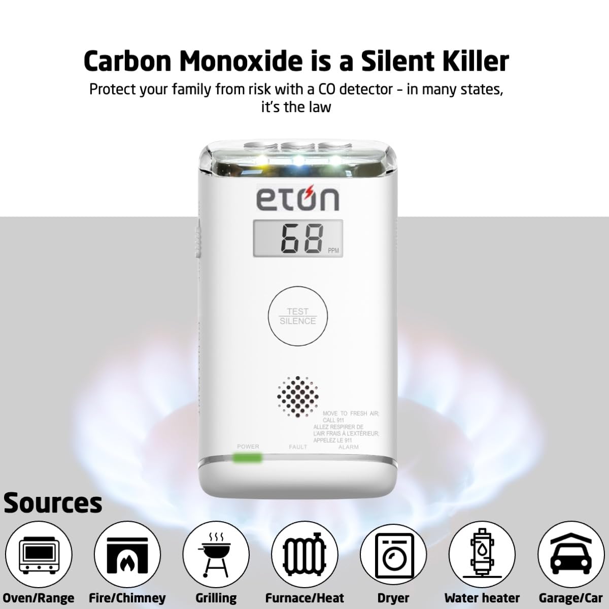 Eton 10-Year Carbon Monoxide Detector, Digital Display, LED Status Indicator, Emergency LED Flashlight, Plug-in with Battery Backup, Energizer Batteries