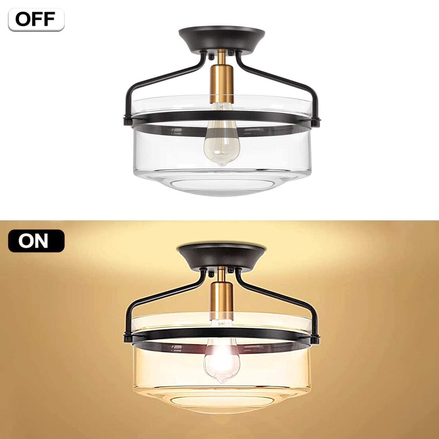 Ledsyonda Semi Flush Mount Ceiling Light, 14.2" Farmhouse Fixture, Industrial Black and Gold Finish With Clear Glass for Hallway, Porch, Kitchen