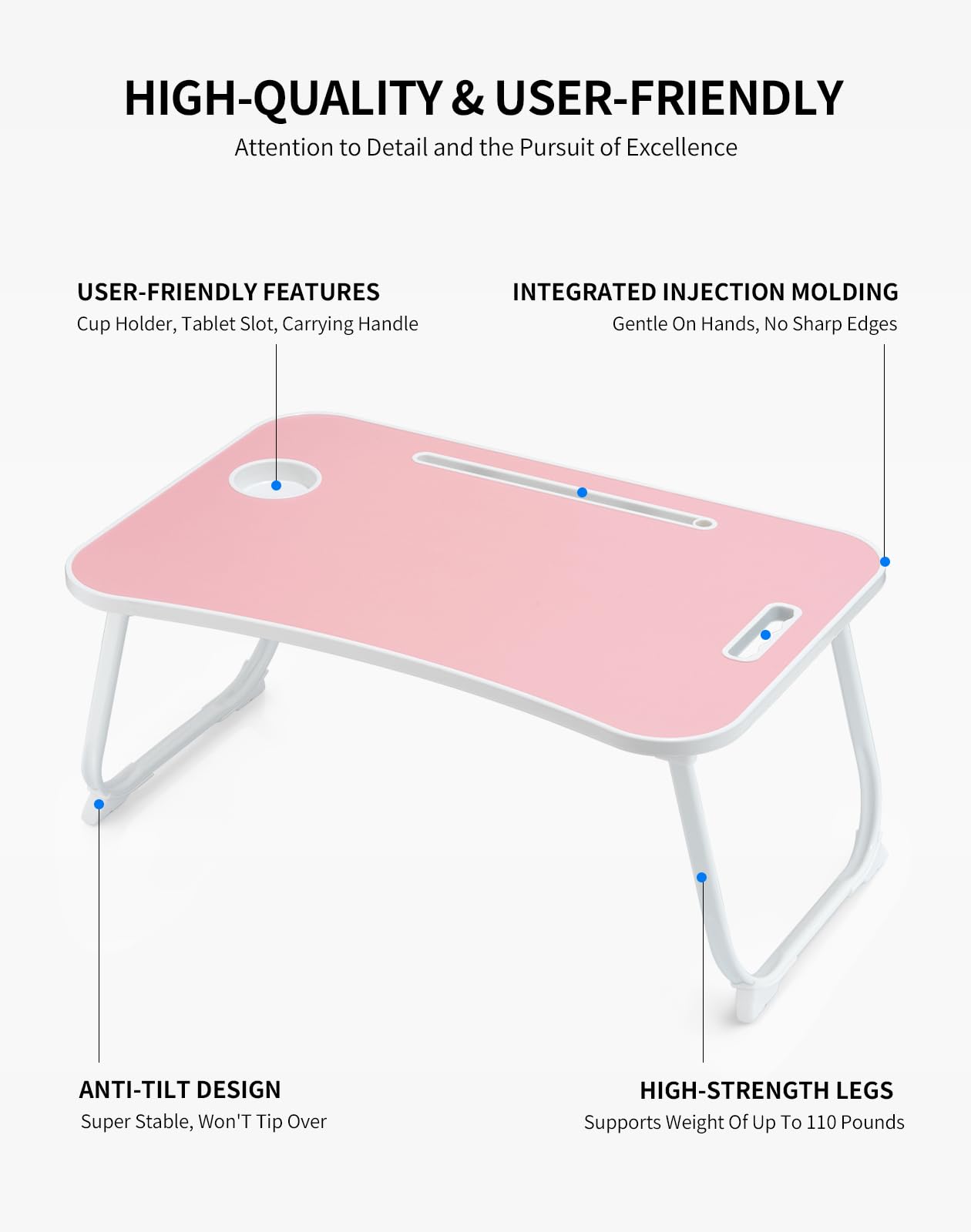 ZEAPTAC Laptop Bed Desk, Foldable Lap Table, Portable Study Table, Laptop Stand with Cup Holder & Tablet Slot & Lifting Handle for Working Writing Drawing & Eating - Pink