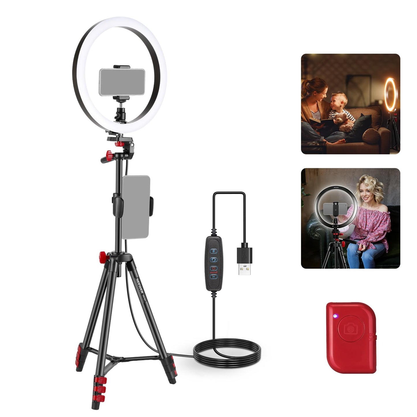 NEEWER Basics 10 Selfie Ring Light with Tripod Stand/2 Phone Holders Compatible with iPhone/QR Plate, Dimmable LED Ringlight Lig