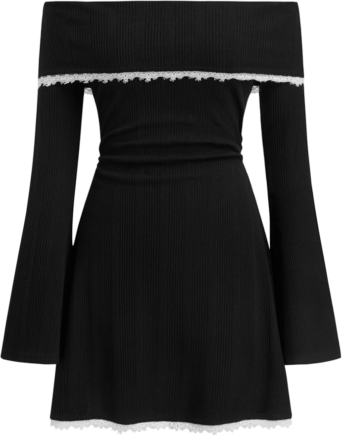 CIDER Womens Off Shoulder Dress Lace Trim Color Block A Line Mini Party Wedding Guest Dresses