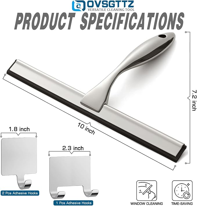 Shower Squeegee for Glass Door with 3 Adhesive Hook, Stainless Steel Glass Cleaning Squeegee for Bathroom & Household Window, Mirrors, Tiles and Car, 10 Inches, Clear, Silver
