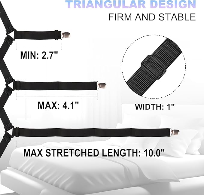 4 PCS Fitted Bed Sheet Straps - Elastic Suspenders with Metal Clips for Bed Sheets, Mattress Covers, Sofa Cushions - Adjustable Fasteners to Keep Sheets Wrinkle-Free (Black-4pcs)